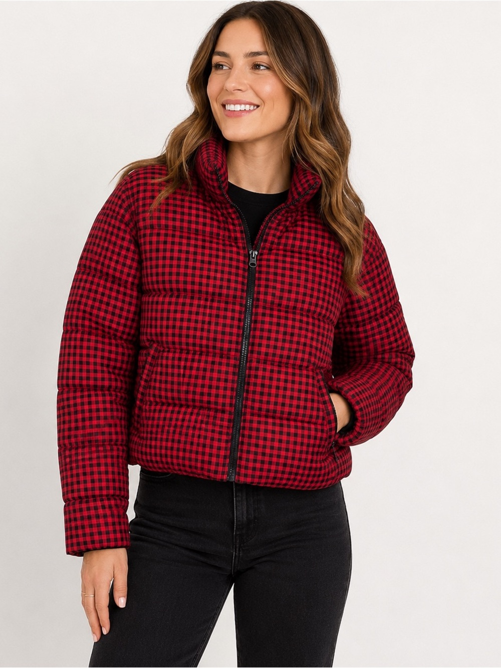 Time and Tru Red & Black Buffalo Check Cropped Puffer Jacket Zip Winter Coat XL
